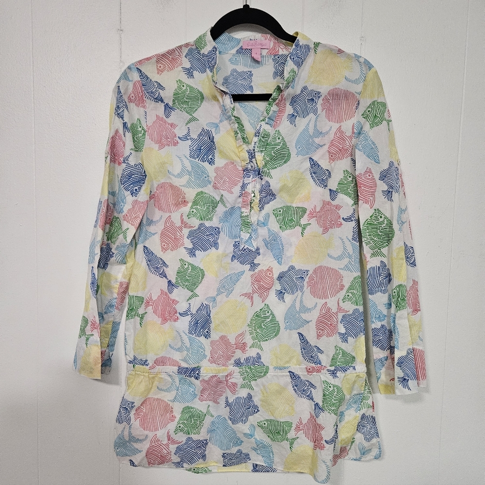 LILLY PULITZER Ladies White Fish Print Long Waist Tie Tunic Beach Top